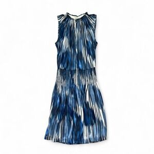 Halston heritage pleated high neck ruched waist water color‎ design midi dress